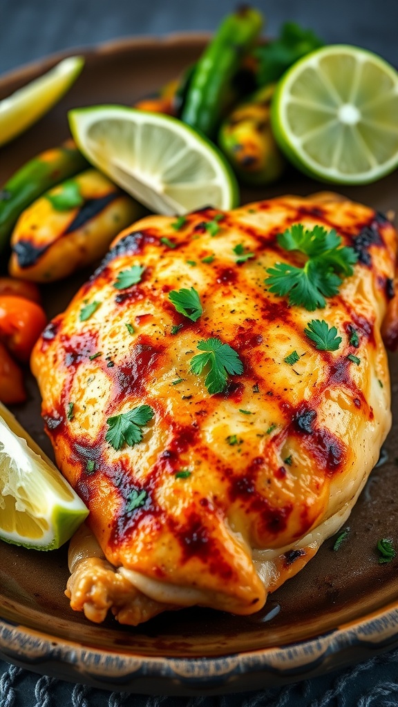 Zesty Garlic Lime Chicken Recipe Grilled garlic lime chicken garnished with cilantro and lime wedges, served with colorful grilled vegetables.